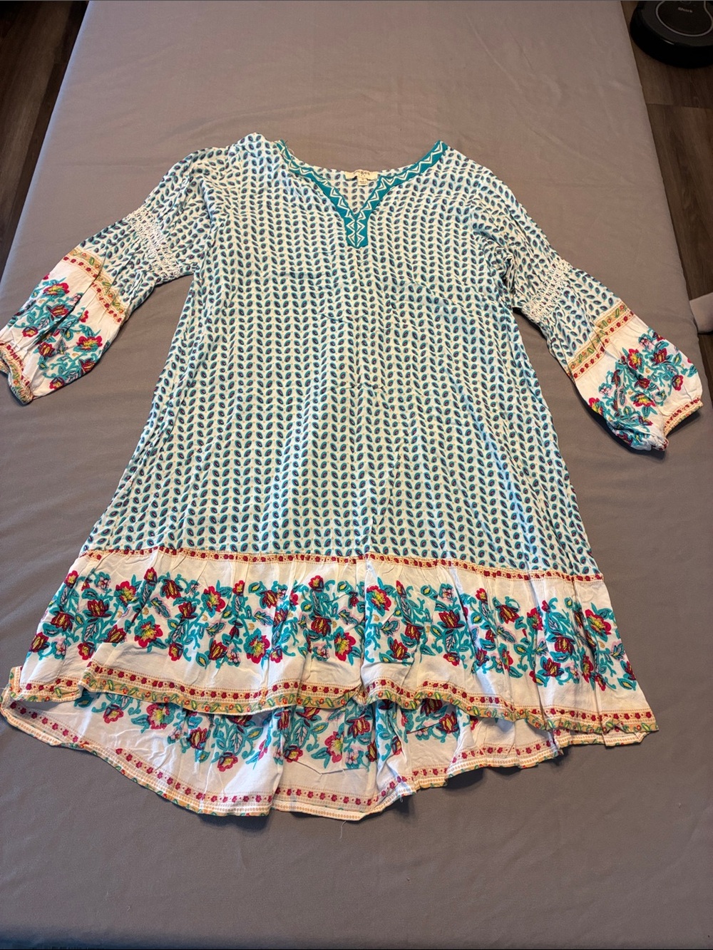 Umgee Teal and White Floral Border Boho Tunic Dress